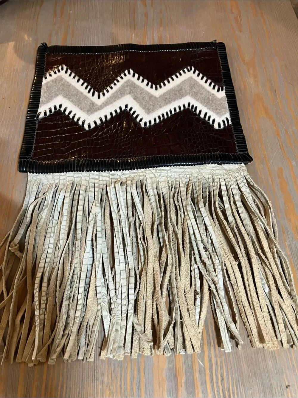 Fringed Chevron Clutch in Brown and Cream